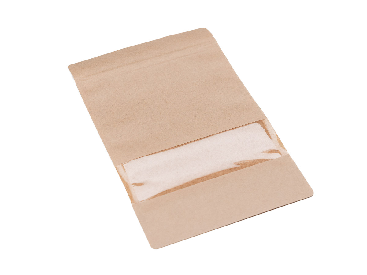 Levně 100 ks - Doypack vrecko s malým okienkom 110x185 + 65 mm, 250 ml, KRAFT/PET/CPP