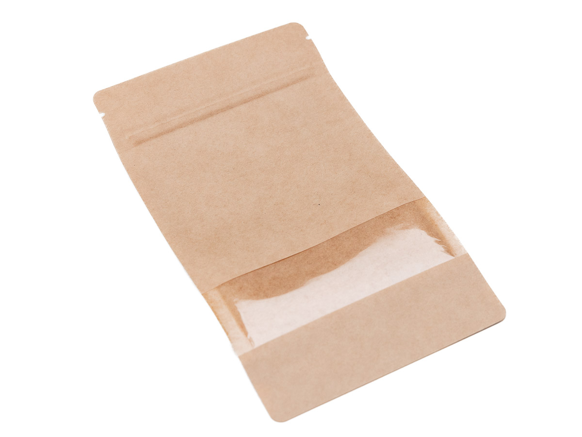 Levně 100 ks - Doypack vrecko s malým okienkom 130x225 + 70 mm, 500 ml, KRAFT/PET/CPP