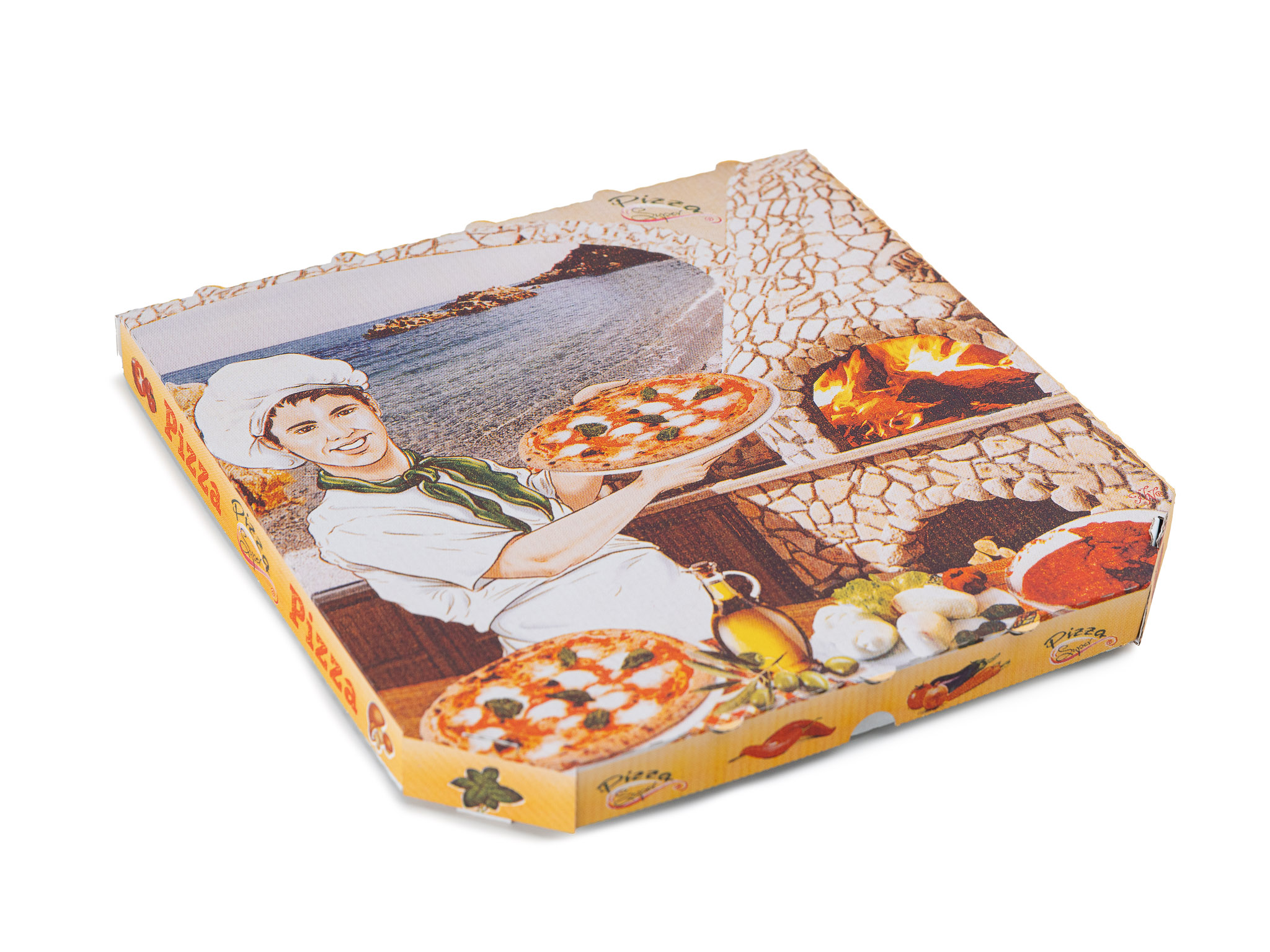 Levně 100 ks - Krabica na pizzu 330x330x30 mm, biela s potlačou