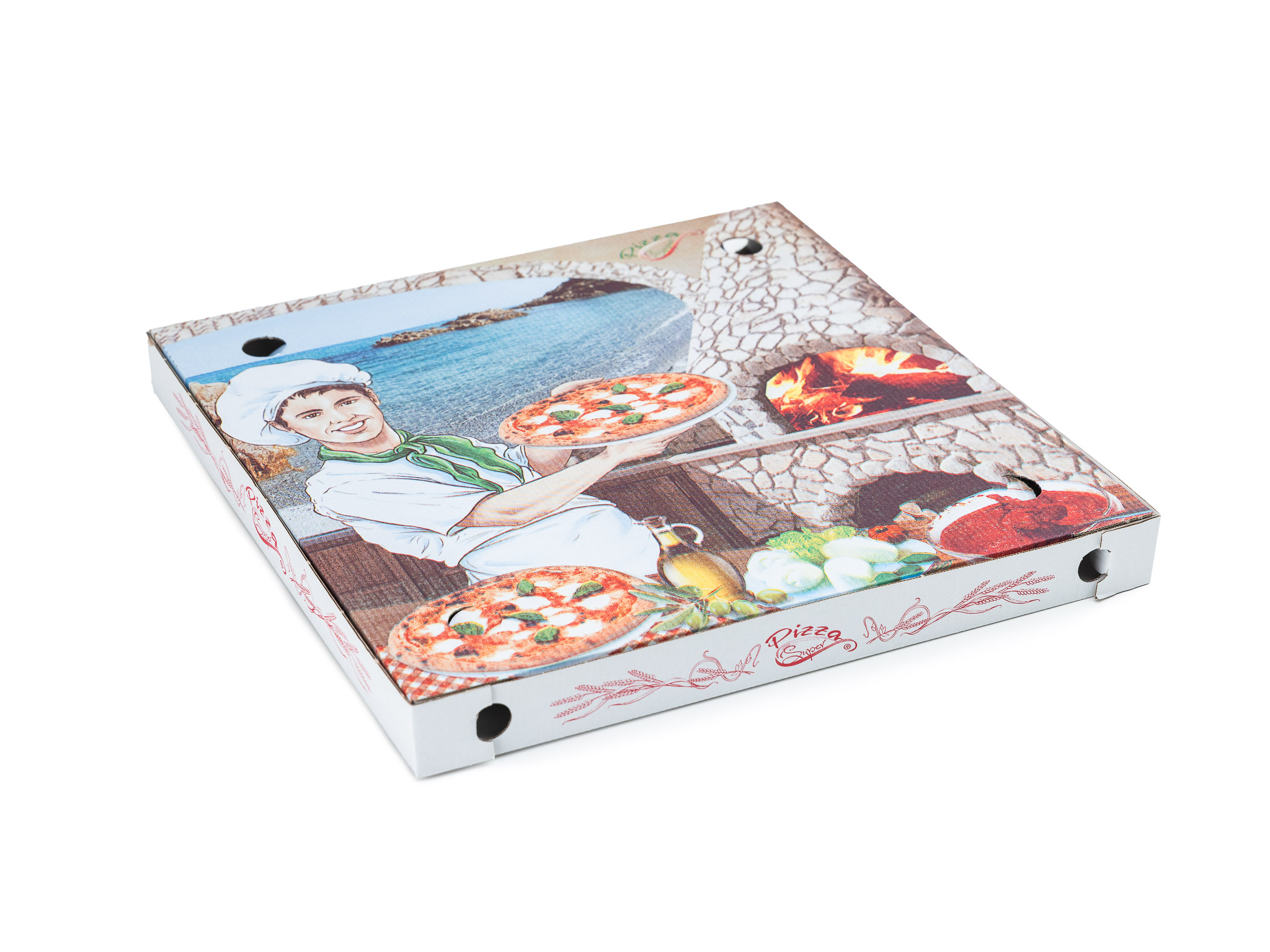 Levně 100 ks - Krabica na pizzu 400x400x40mm, biela s potlačou