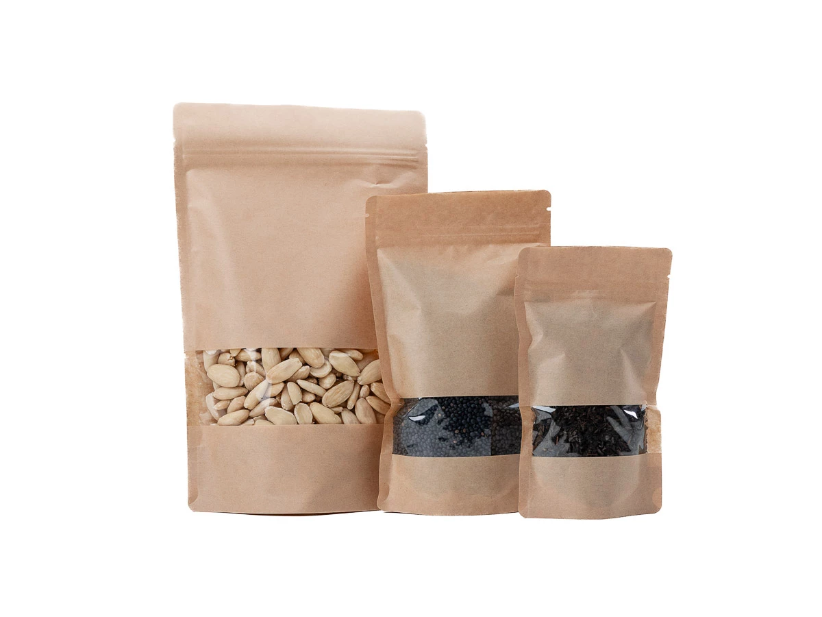 Doypack vrecko s malým okienkom 110x185 + 65 mm, 250 ml, KRAFT/PET/CPP - 005