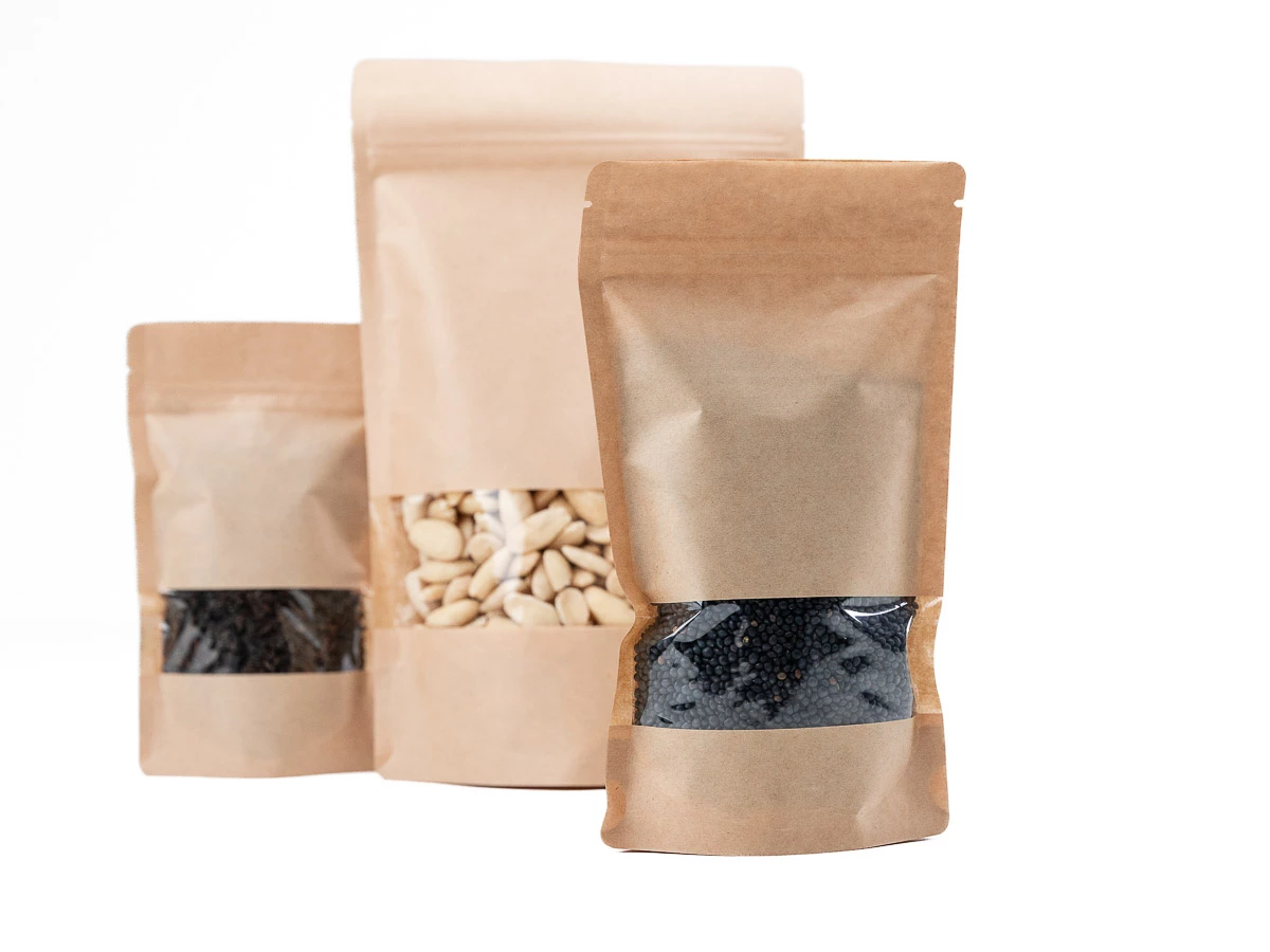 Doypack vrecko s malým okienkom 130x225 + 70 mm, 500 ml, KRAFT/PET/CPP - 005