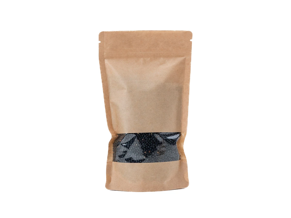 Doypack vrecko s malým okienkom 130x225 + 70 mm, 500 ml, KRAFT/PET/CPP - 002