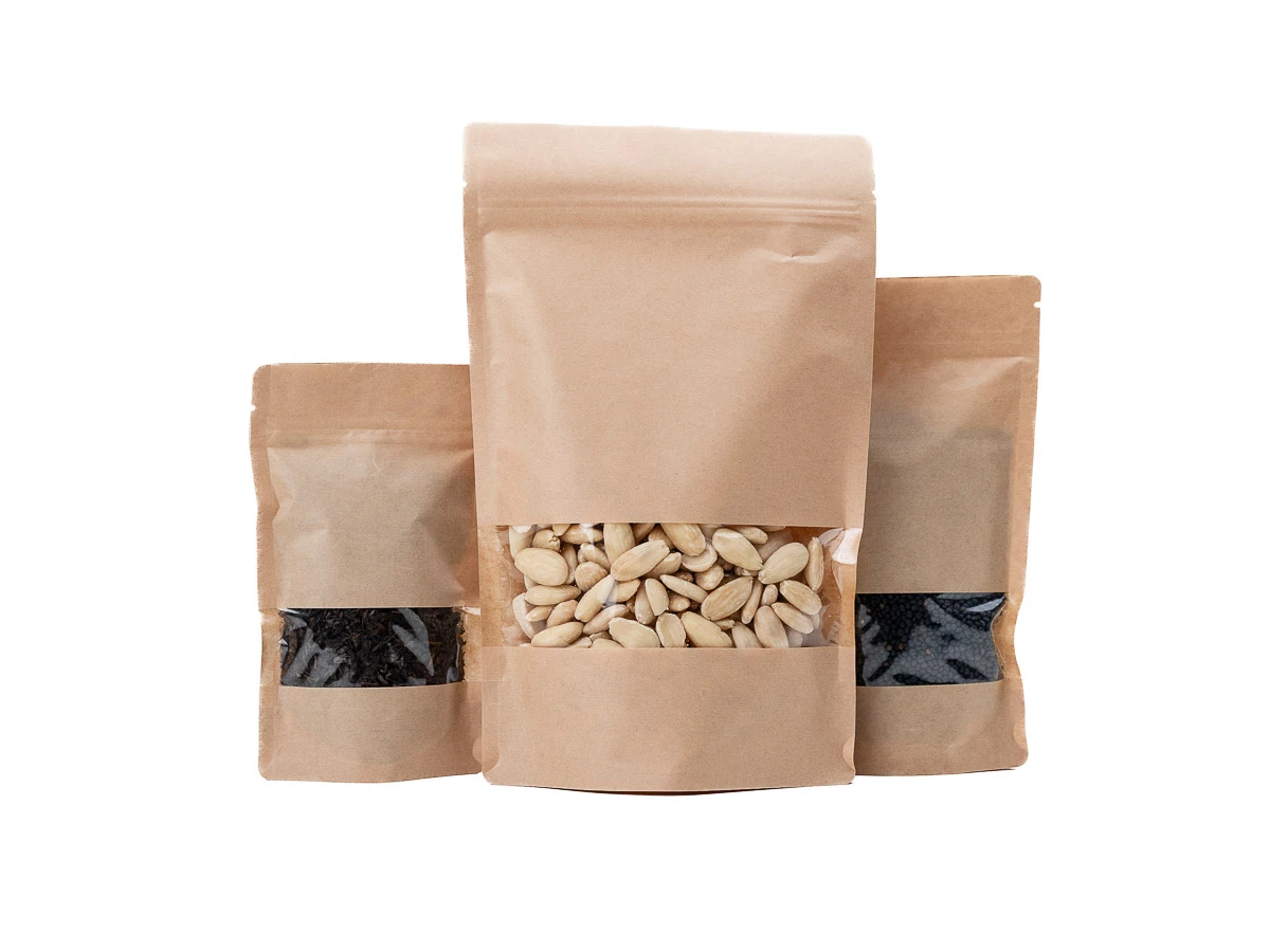 Doypack vrecko s malým okienkom 180x290 + 90 mm, 1000 ml, KRAFT/PET/CPP - 006