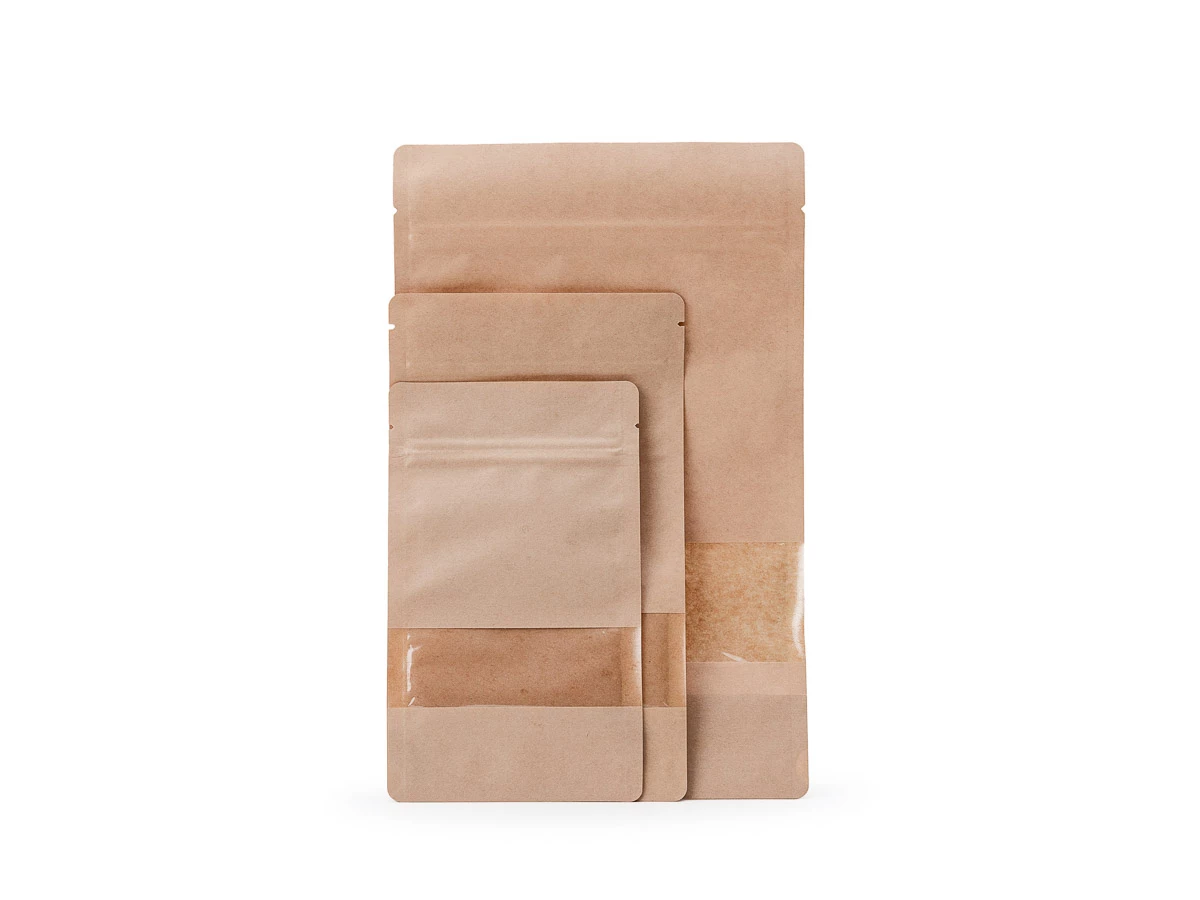 Doypack vrecko s malým okienkom 180x290 + 90 mm, 1000 ml, KRAFT/PET/CPP - 007