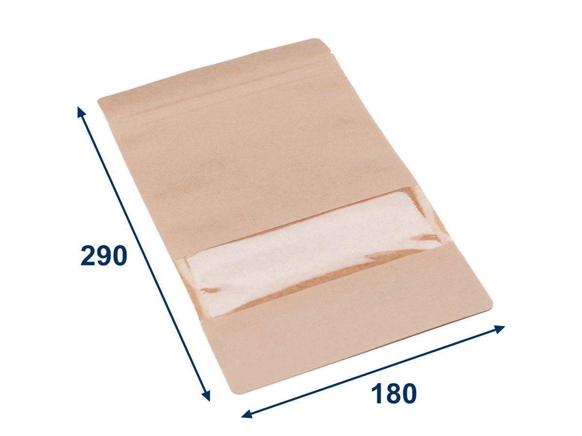 Doypack vrecko s malým okienkom 180x290 + 90 mm, 1000 ml, KRAFT/PET/CPP - 001