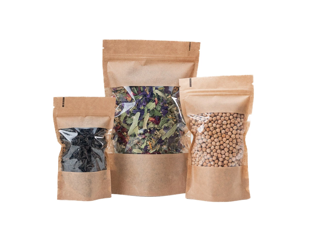 Doypack vrecko s veľkým okienkom premium 130x255 + 70 mm, 500 ml, KRAFT/PET/PE - 004