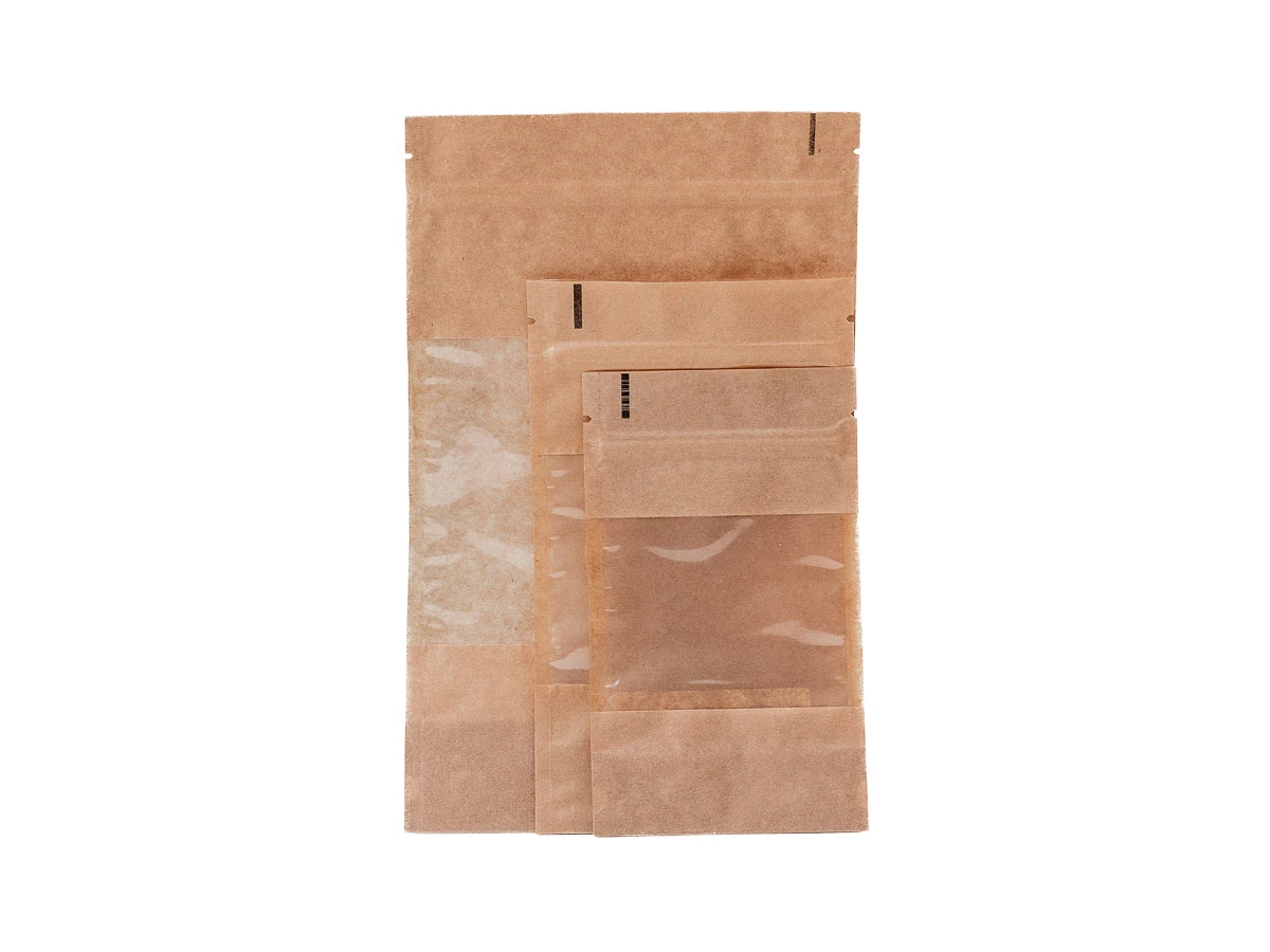 Doypack vrecko s veľkým okienkom premium 130x225 + 70 mm, 500 ml, KRAFT/PET/PE - 005