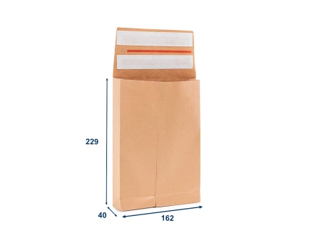 Obálka papierová s krížovým dnom a bočnými skladmi (kraft) 162x259, 2 lepiaca páska