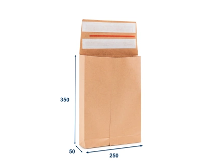 Obálka papierová s krížovým dnom a bočnými skladmi (kraft) 250x350, 2x lepiaca páska