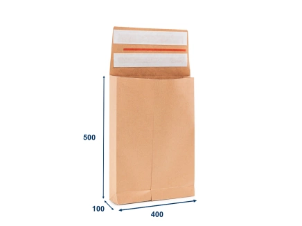 Obálka papierová s krížovým dnom a bočnými skladmi (kraft) 400x500, 2x lepiaca páska