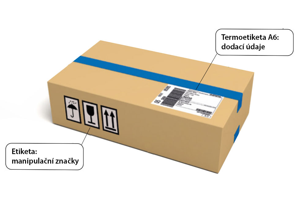 krabica so štítkom a manipulačnými značkami