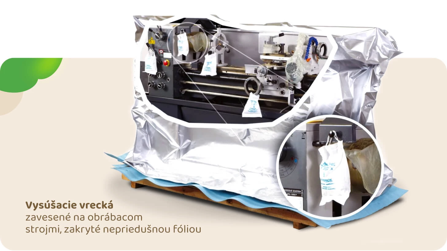 vysúšacie vrecúška zavesené na stroji